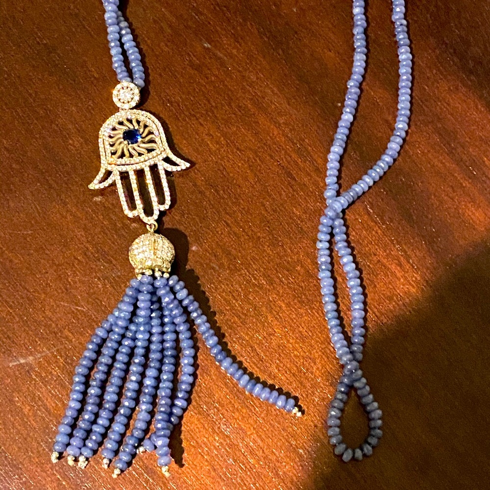 Lab created sapphire hamsa necklace